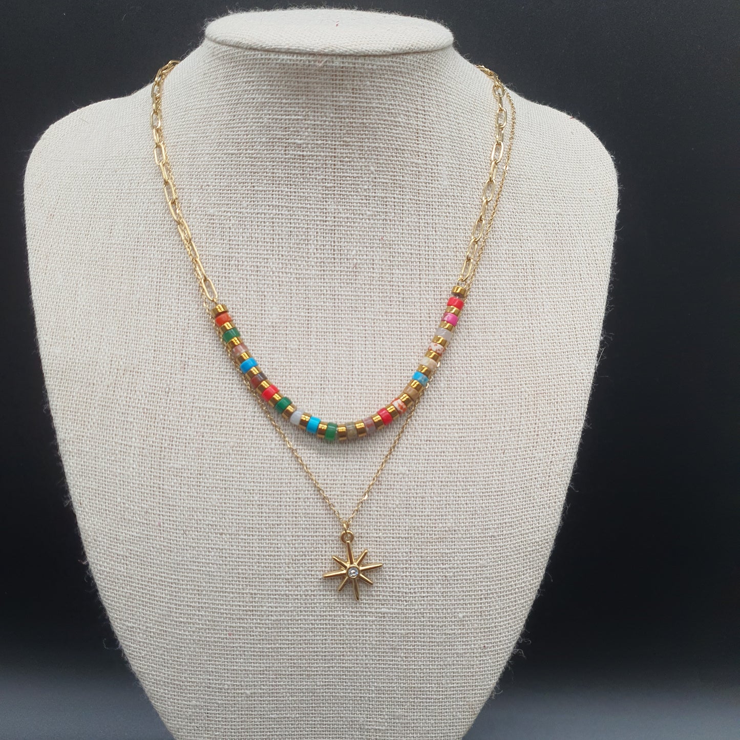 Collier double chaîne perlée acier inoxydable doré ou argenté – Pendentif étoile polaire