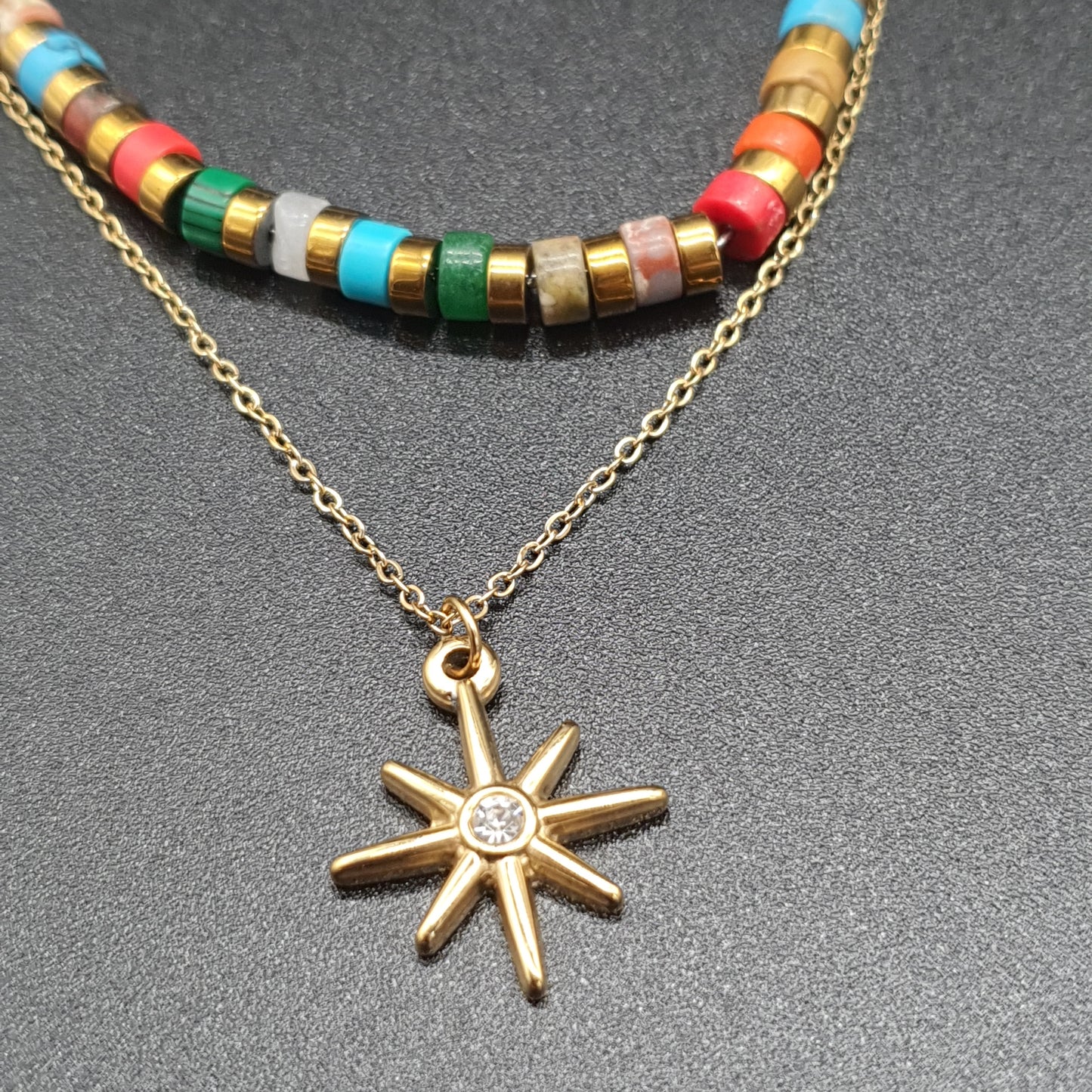 Collier double chaîne perlée acier inoxydable doré ou argenté – Pendentif étoile polaire