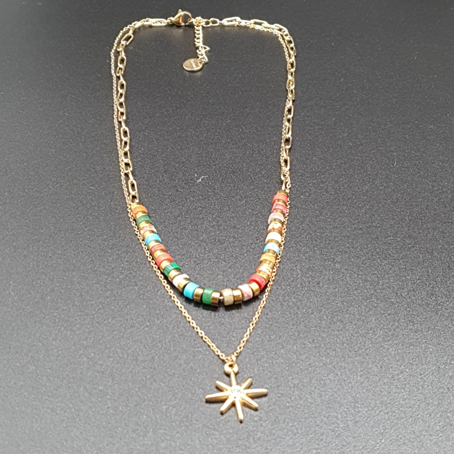Collier double chaîne perlée acier inoxydable doré ou argenté – Pendentif étoile polaire