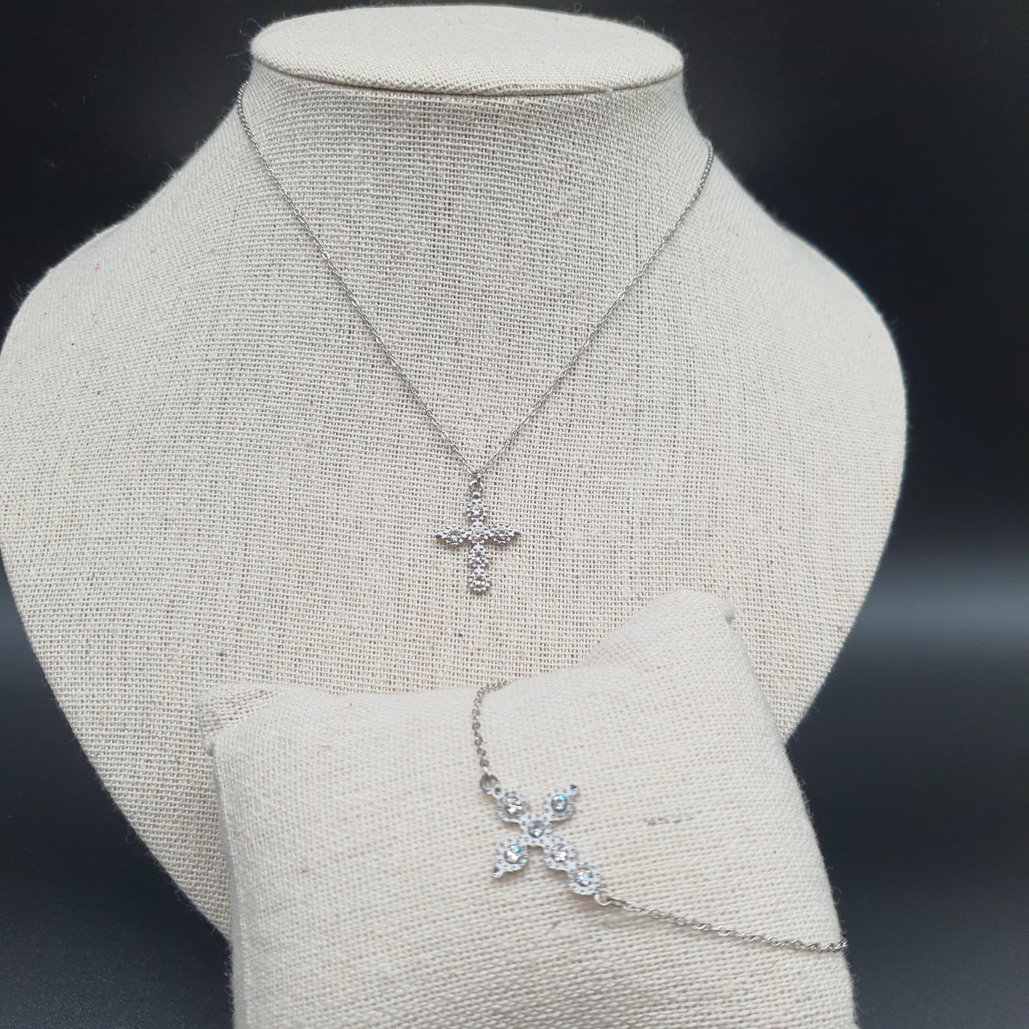 Parure acier inoxydable – collier et bracelet avec croix strass, maille forçat