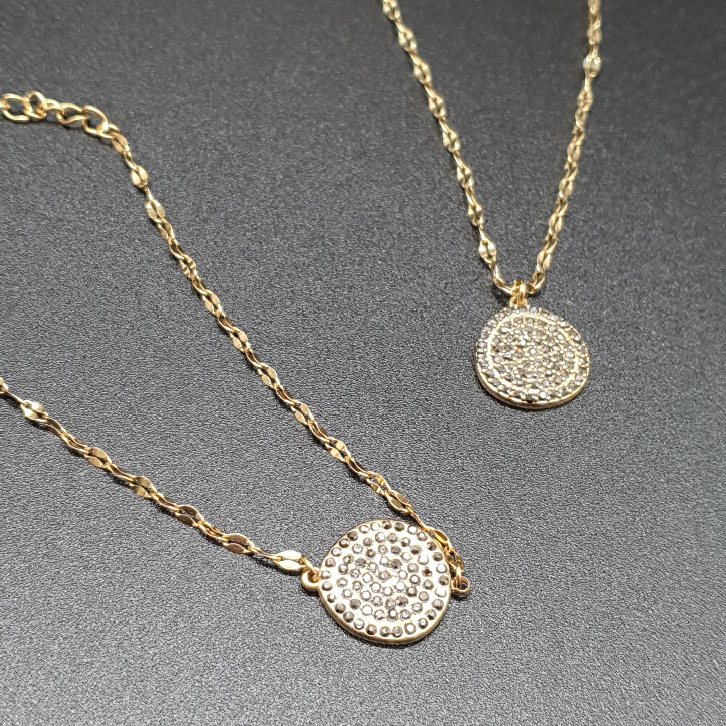 Parure collier bracelet acier doré fine chaîne maille fantaisie torsadée pendentif métal doré strass