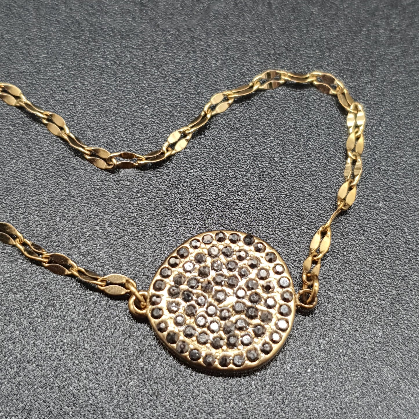 Parure collier bracelet acier doré fine chaîne maille fantaisie torsadée pendentif métal doré strass