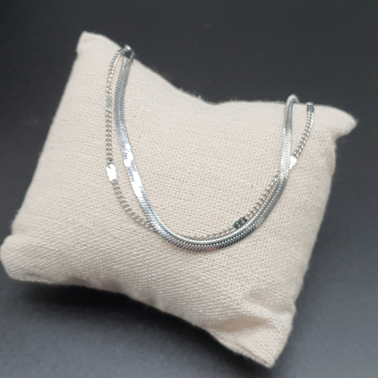 Bracelet double rang acier inoxydable argenté maille miroir et maille gourmette