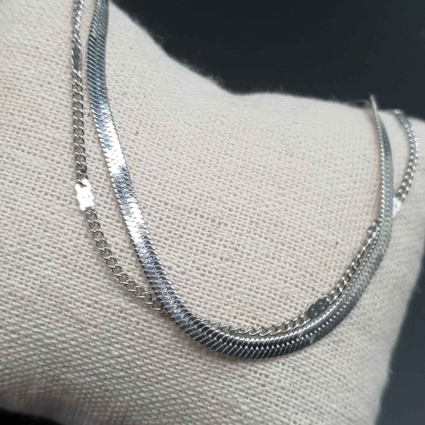 Bracelet double rang acier inoxydable argenté maille miroir et maille gourmette