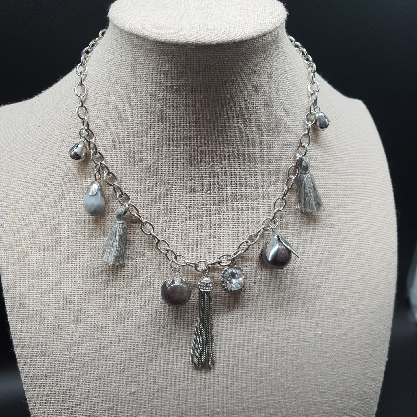 Silver stainless steel necklace - tassel and faceted bead pendant