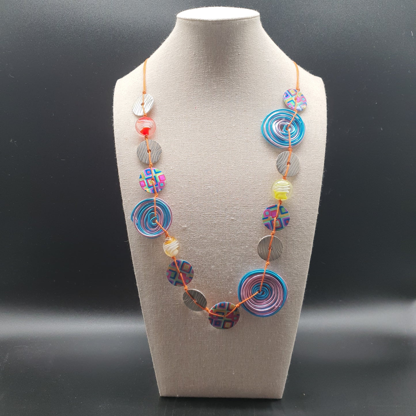 Bohemian necklace and earrings set – colourful enamel & waxed cotton discs