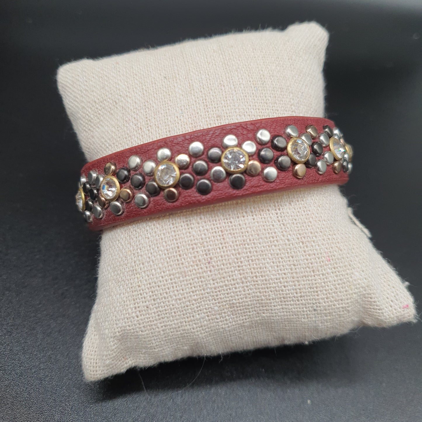 Adjustable faux leather bracelet with snap closure - brown crystal carved metal pieces