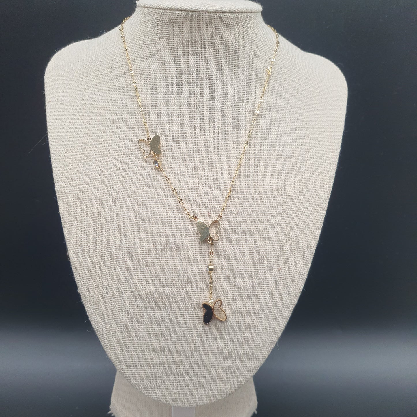Stainless steel gold or silver long necklace – twisted mother-of-pearl butterfly pendant