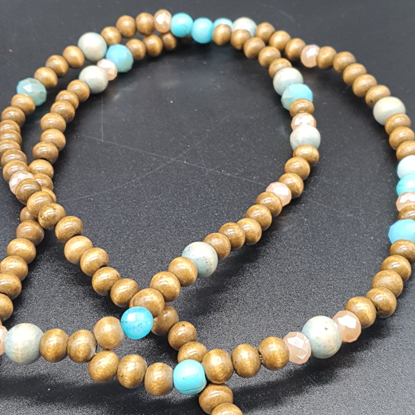 Long necklace wood beads reconstituted stone freshwater blue tassel pendant