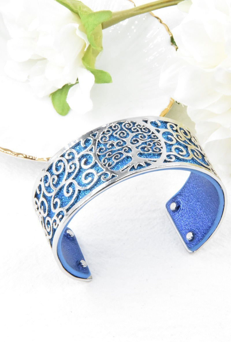 Bracelet manchette argenté arbre de vie en simili cuir coloré – acier inoxydable