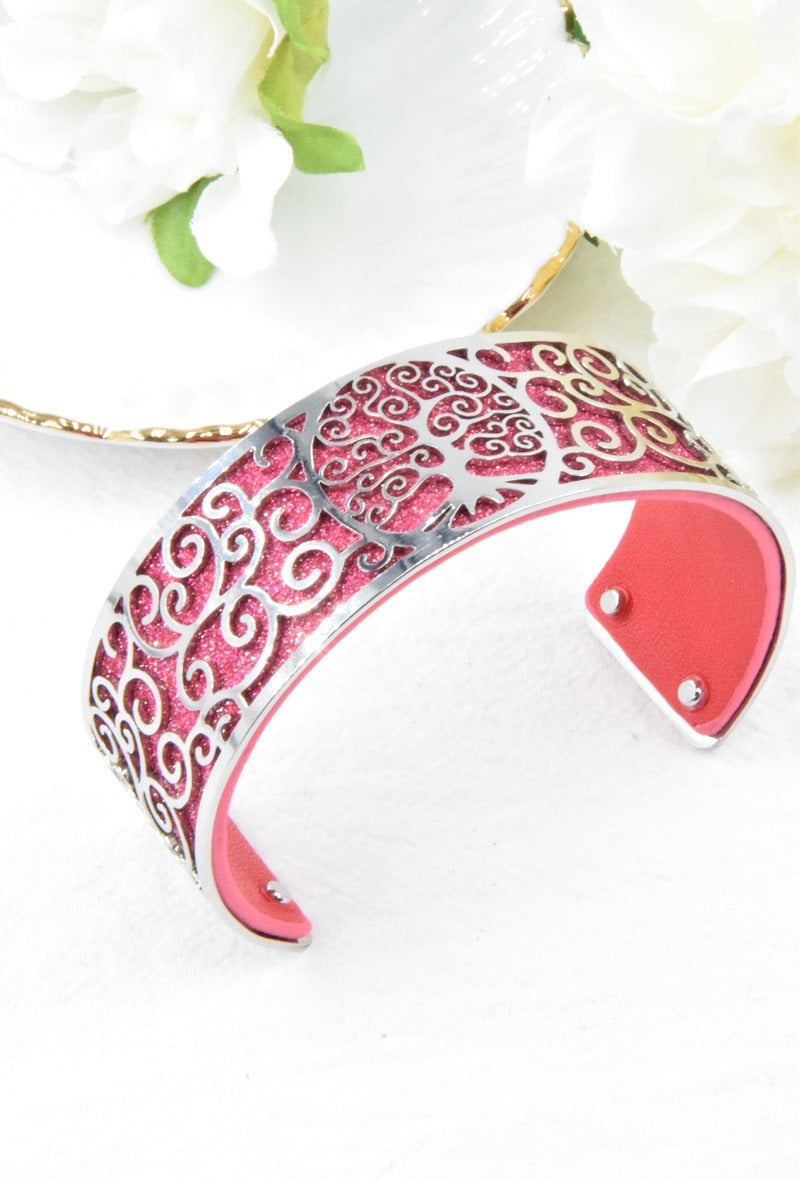Bracelet manchette argenté arbre de vie en simili cuir coloré – acier inoxydable