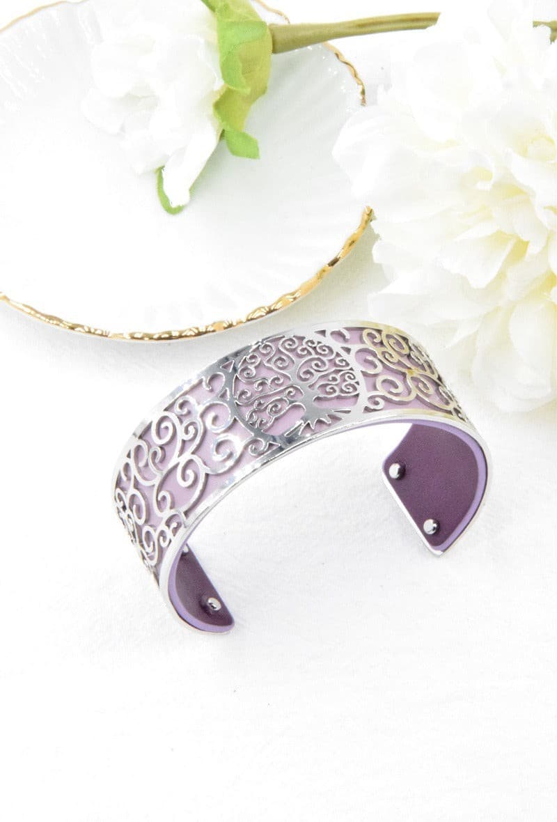 Bracelet manchette ouvert acier inoxydable argenté dentelé motif arbre de vie simili cuir coloré réversible