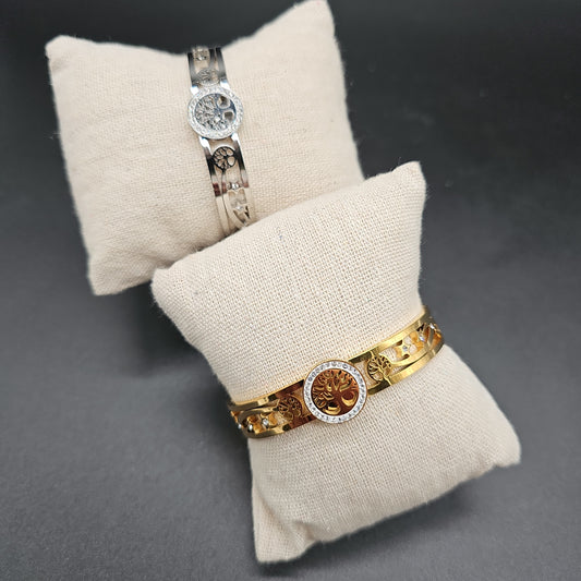 Bracelet jonc rigide ouvrable acier inoxydable ornements arbre de vie étoile médaillon forme anneau incrusté strass