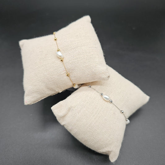 Bracelet acier inoxydable chaîne fine maille forçat allongée billes acier pierres reconstituées nacrées