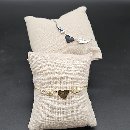 Bracelet doré en acier inoxydable – cœur et aile d’ange gravés strass