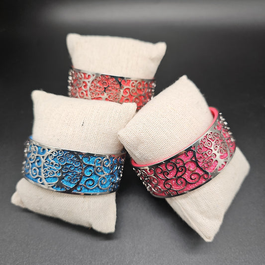Bracelet manchette argenté arbre de vie en simili cuir coloré – acier inoxydable