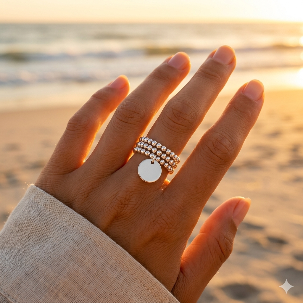 Silver-plated stainless steel adjustable open triple-row ring, assembly of three beaded bands, silver-plated steel disc charm