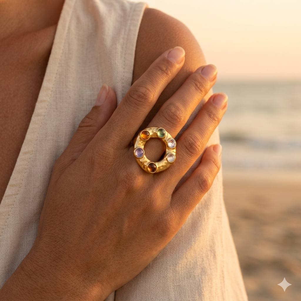 Adjustable gold-plated stainless steel open ring with beads