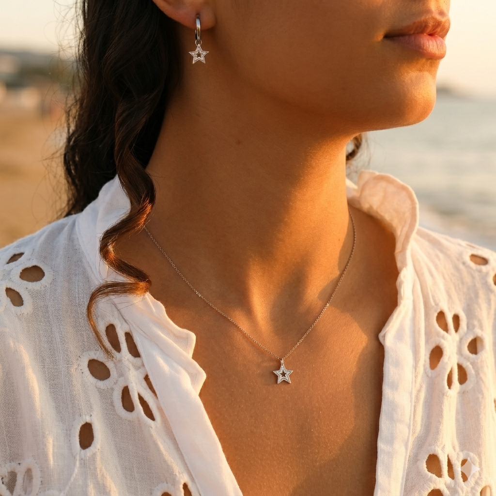 Coffret Étoile Argenté – Collier et Boucles en Acier Inoxydable
