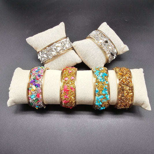 Bracelet manchette ouvert acier inoxydable doré – éclats pierre reconstituée colorée