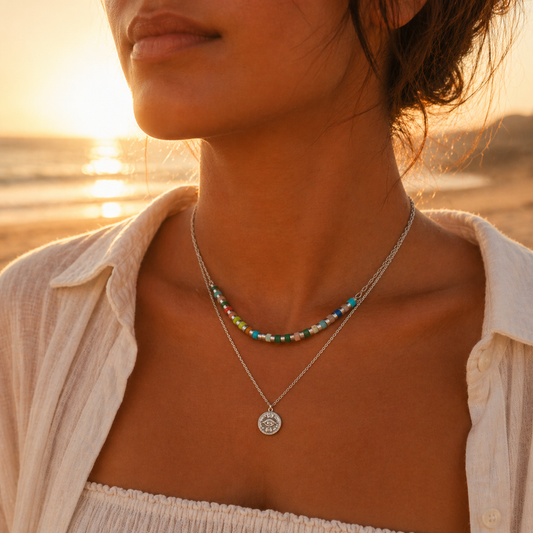 Stainless steel silver or gold double chain necklace with mystical eye medallion