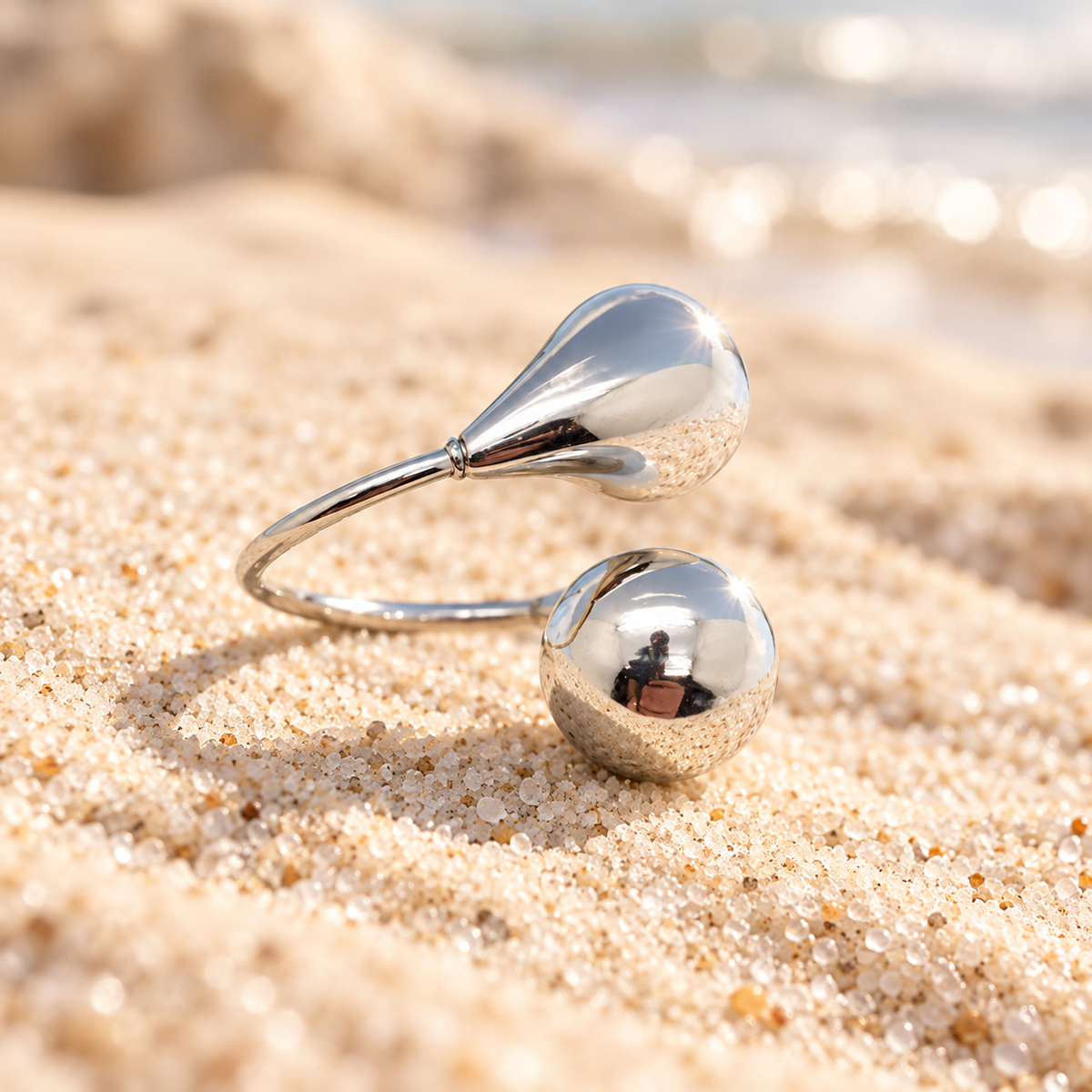 Bague ajustable double goutte argentée – acier inoxydable