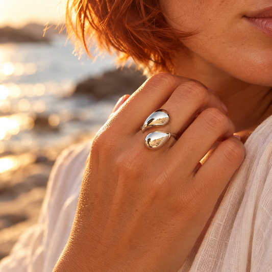 Bague ajustable double goutte argentée – acier inoxydable