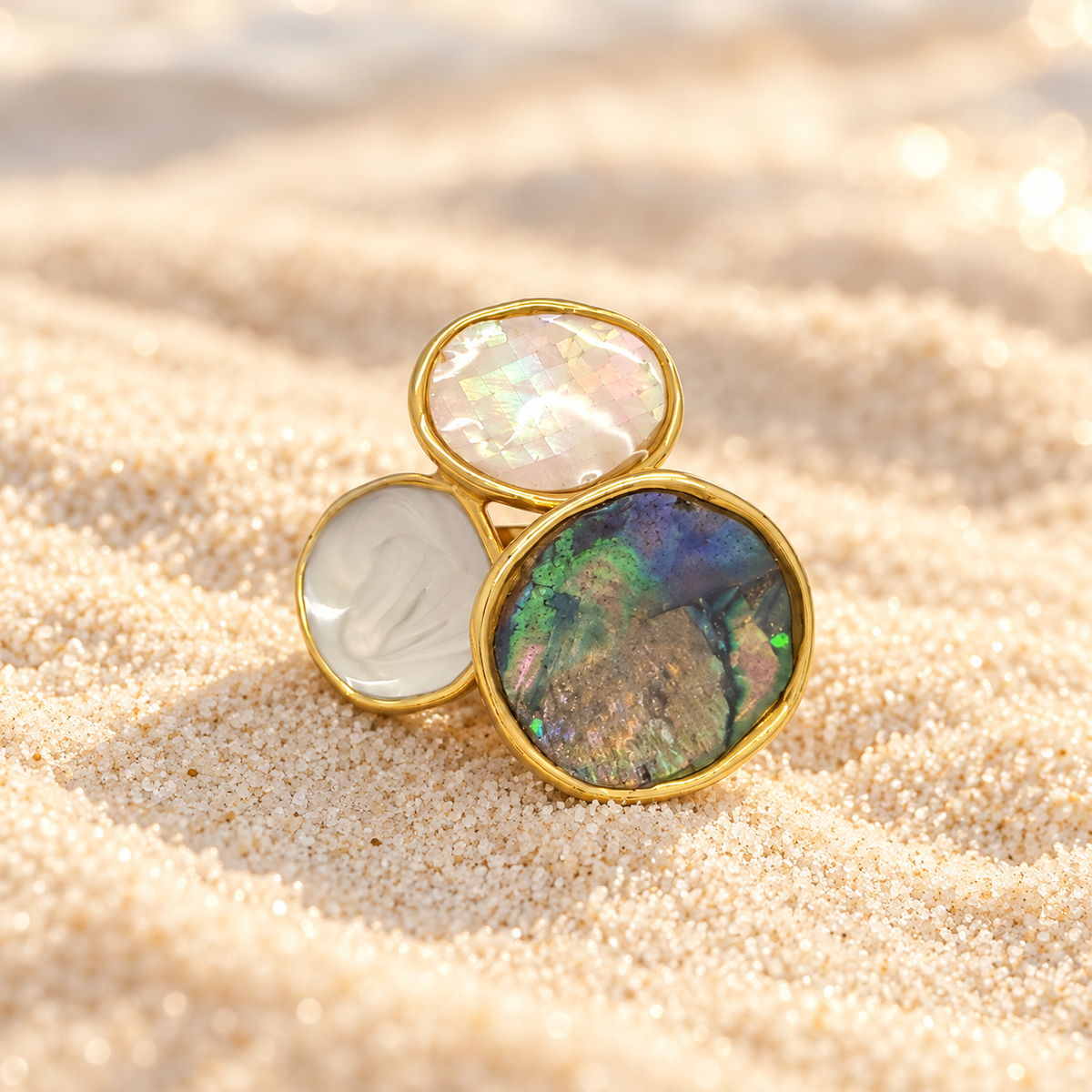 Bague ajustable triple rond nacré – acier inoxydable doré