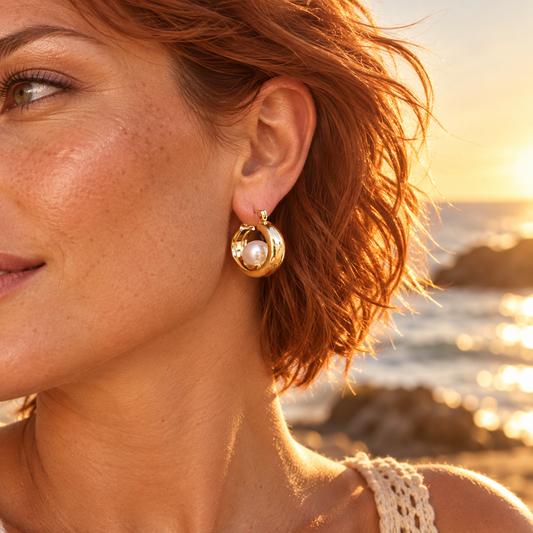 Boucles d’oreilles ovales dorées perle blanche – acier inoxydable