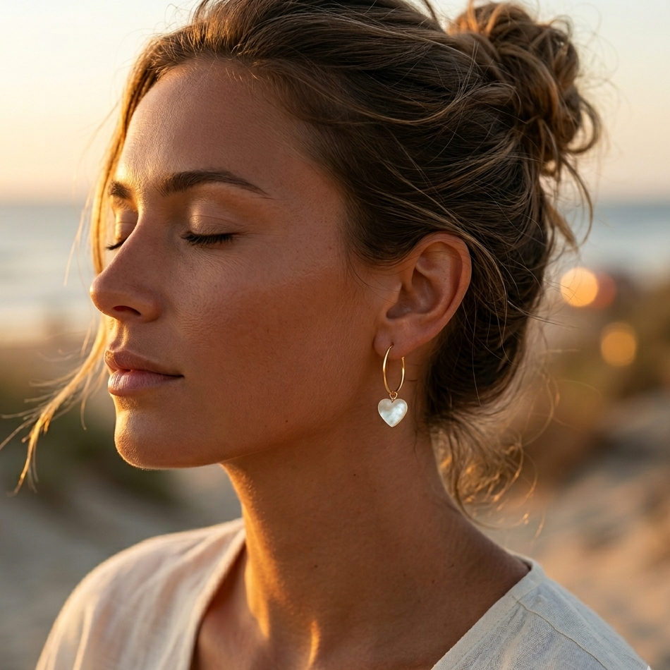 Gold hoop earrings with a mother-of-pearl heart charm, hypoallergenic stainless steel.