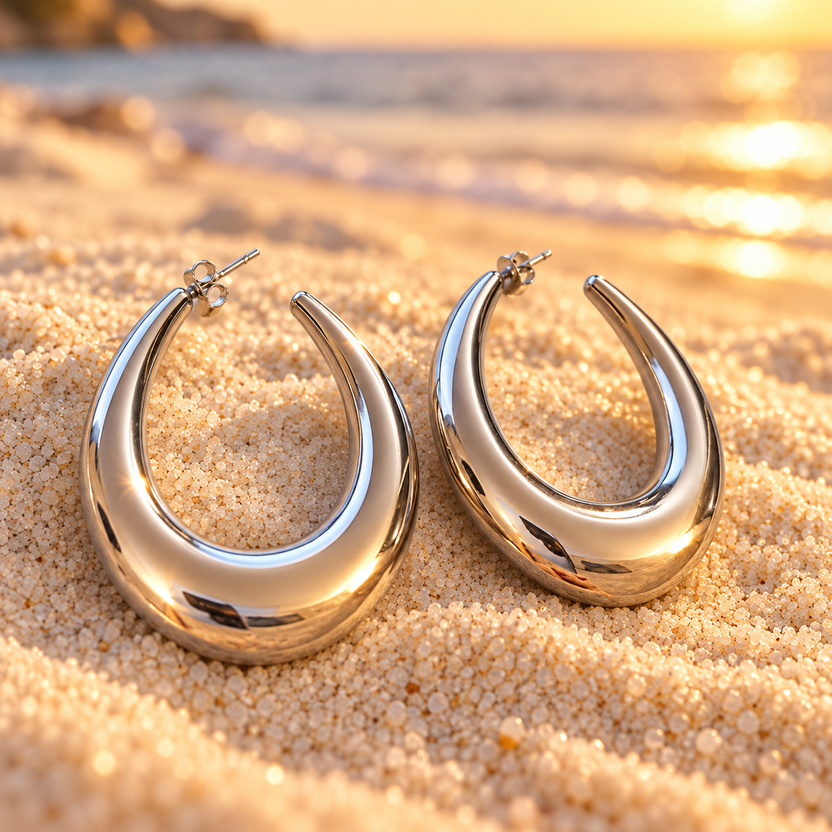 Boucles d’oreilles ovales argentées grand format – acier inoxydable