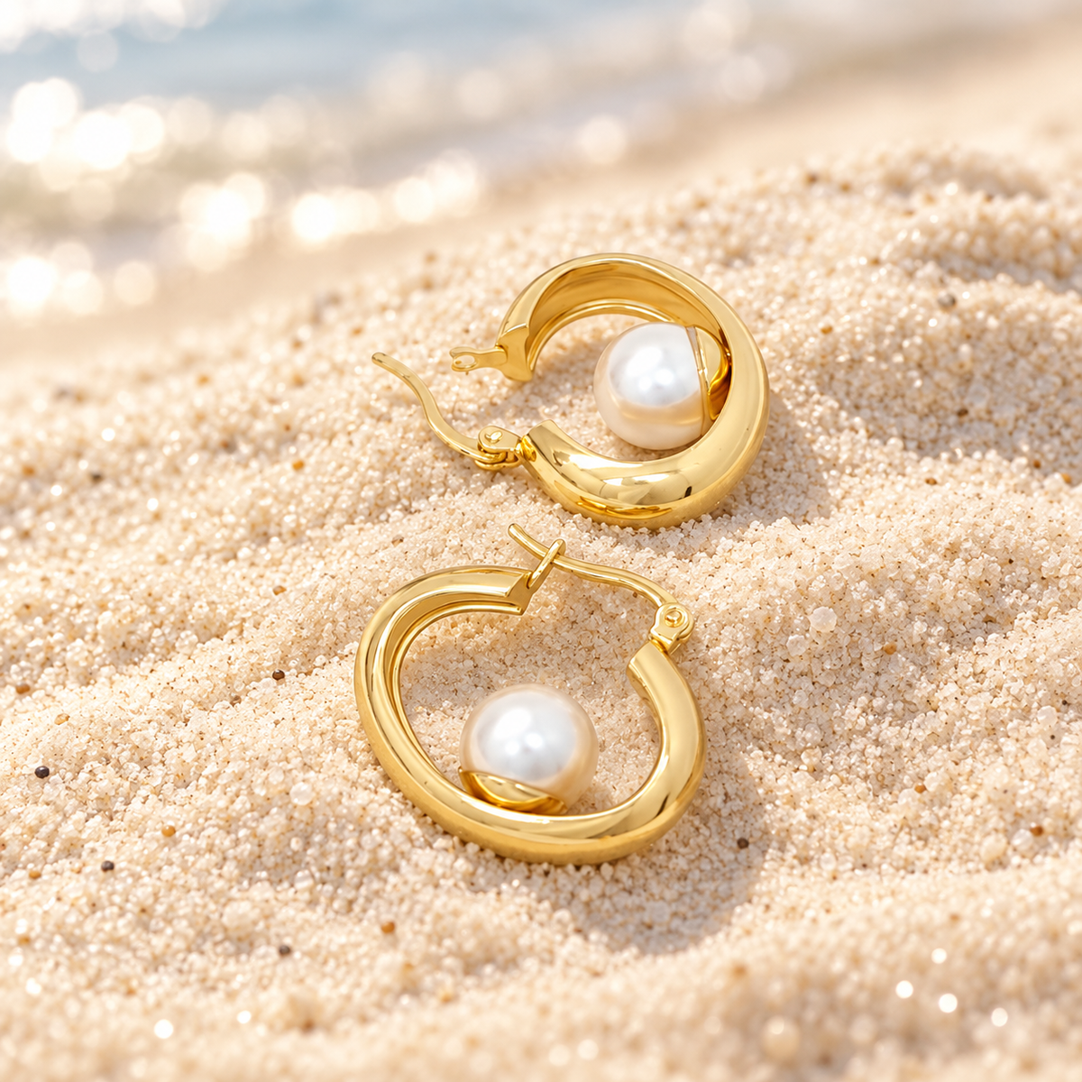 Boucles d’oreilles ovales dorées perle blanche – acier inoxydable