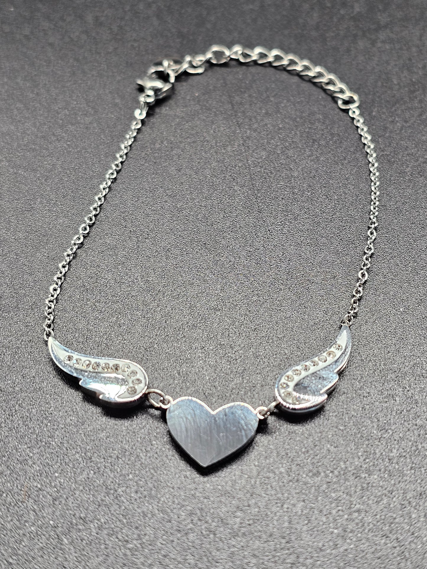Gold or silver stainless steel bracelet – engraved heart and angel wing with rhinestones