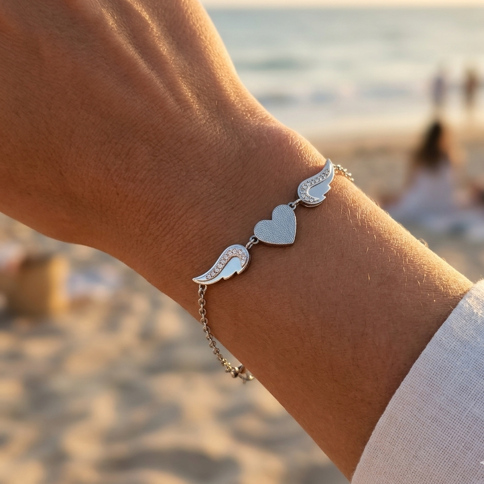 Gold or silver stainless steel bracelet – engraved heart and angel wing with rhinestones