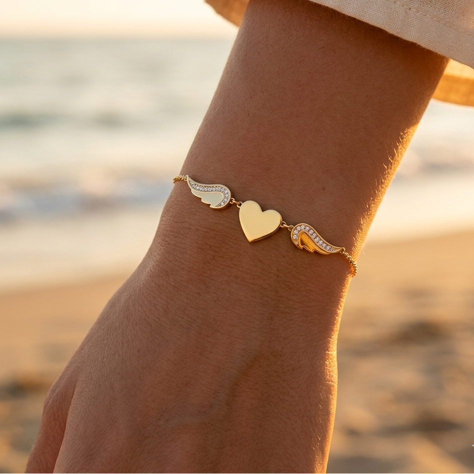 Gold or silver stainless steel bracelet – engraved heart and angel wing with rhinestones