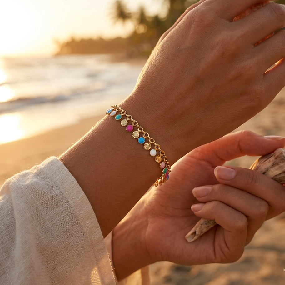 Reversible gold-plated stainless steel bracelet – delicate chain & sunburst striped charms