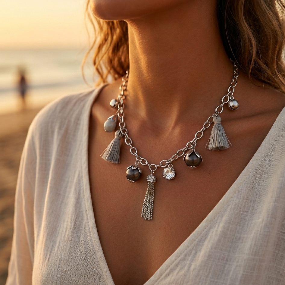 Silver stainless steel necklace - tassel and faceted bead pendant