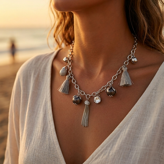 Silver stainless steel necklace - tassel and faceted bead pendant