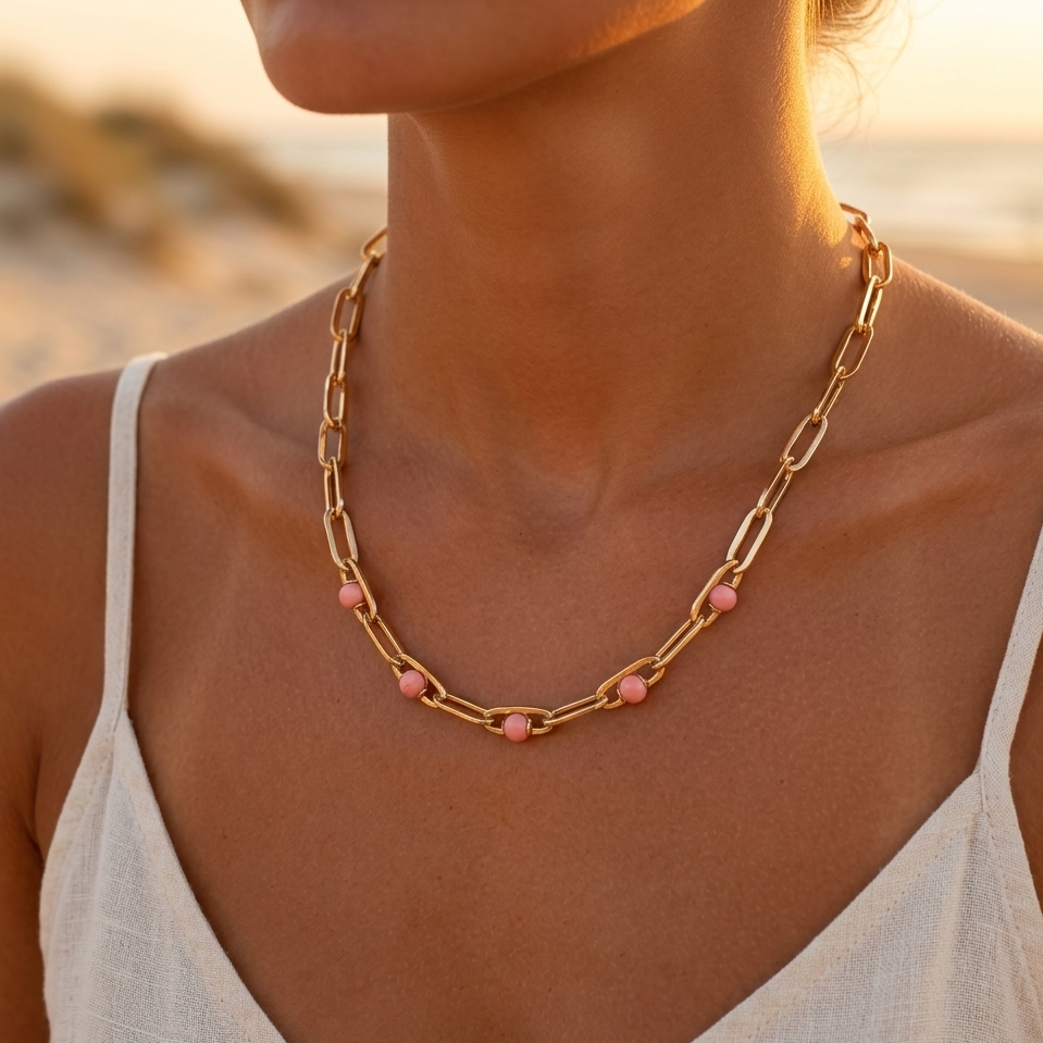 Stainless steel gold-plated necklace with rectangular and foxtail chain and colorful beads in the center --