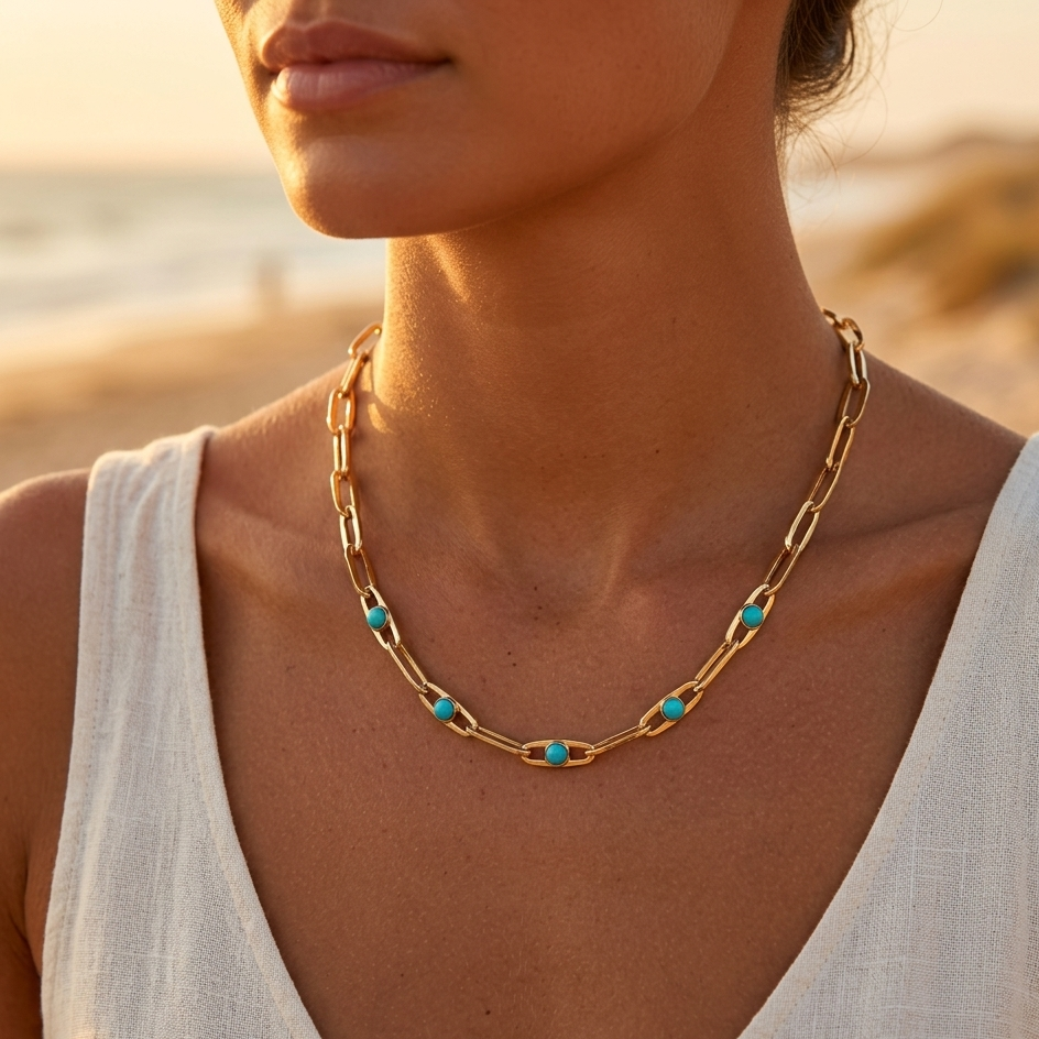 Stainless steel gold-plated necklace with rectangular and foxtail chain and colorful beads in the center --