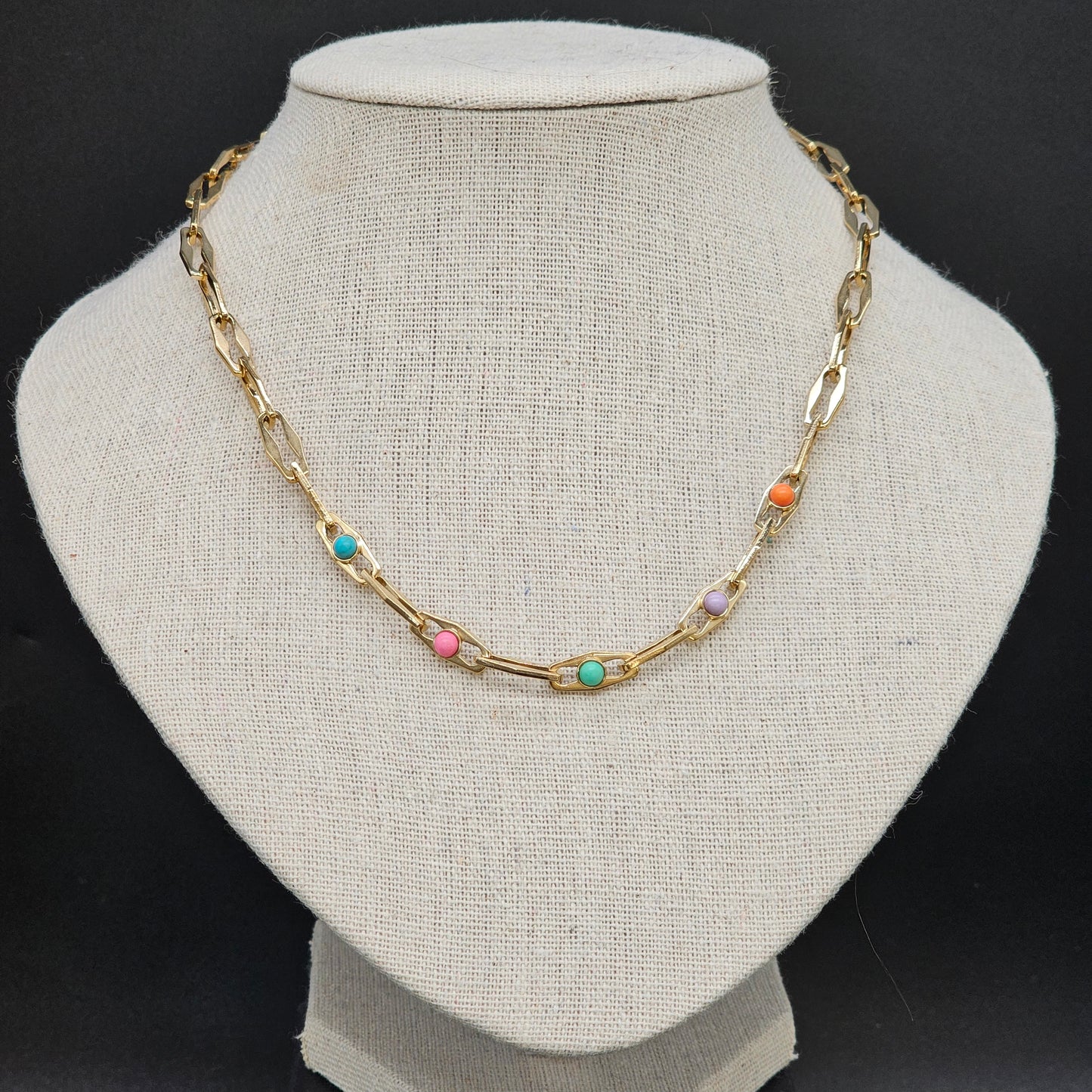 Stainless steel gold-plated necklace with rectangular and foxtail chain and colorful beads in the center --