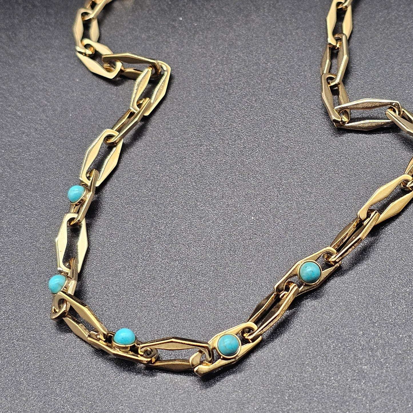 Stainless steel gold-plated necklace with rectangular and foxtail chain and colorful beads in the center --