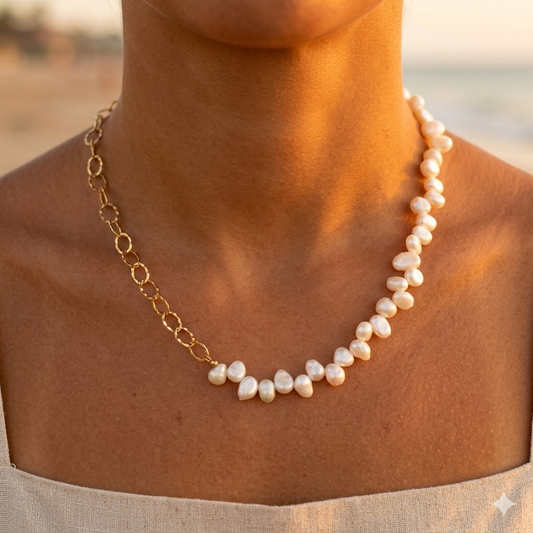 Lilas de Seine hammered mesh gold stainless steel necklace with natural pearls