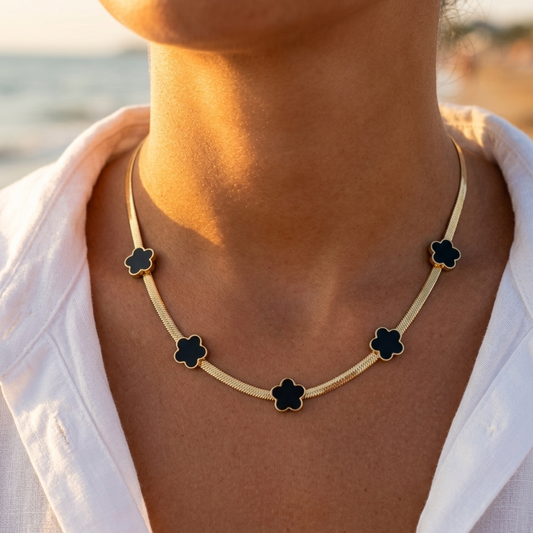Stainless steel gold-plated mirror link necklace with gold-plated flowers, mother-of-pearl or black