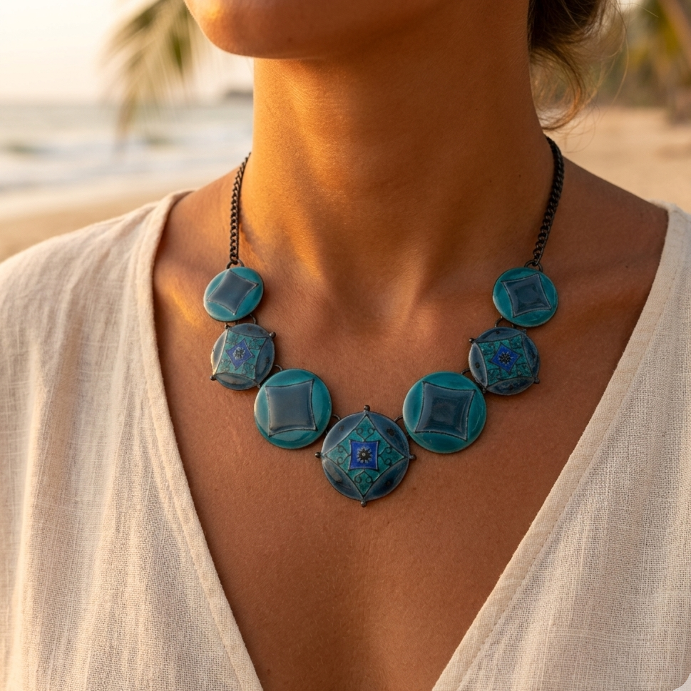 Silver-plated stainless steel necklace – round blue enameled pendants