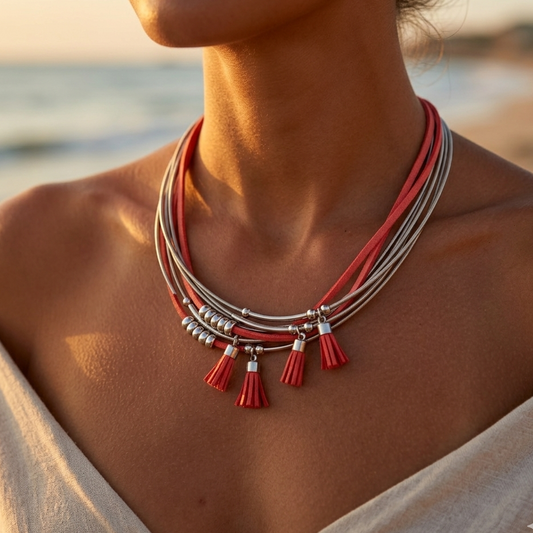 Red multi-strand magnetic necklace with memory wire, silver-plated metal beads, and faux suede