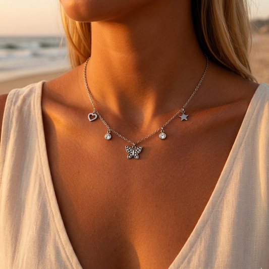 Silver-plated steel necklace – delicate cable chain, butterfly charms & rhinestones
