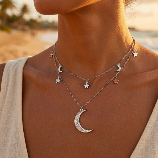 Silver Moon & Stars Necklace – Double stainless steel chain