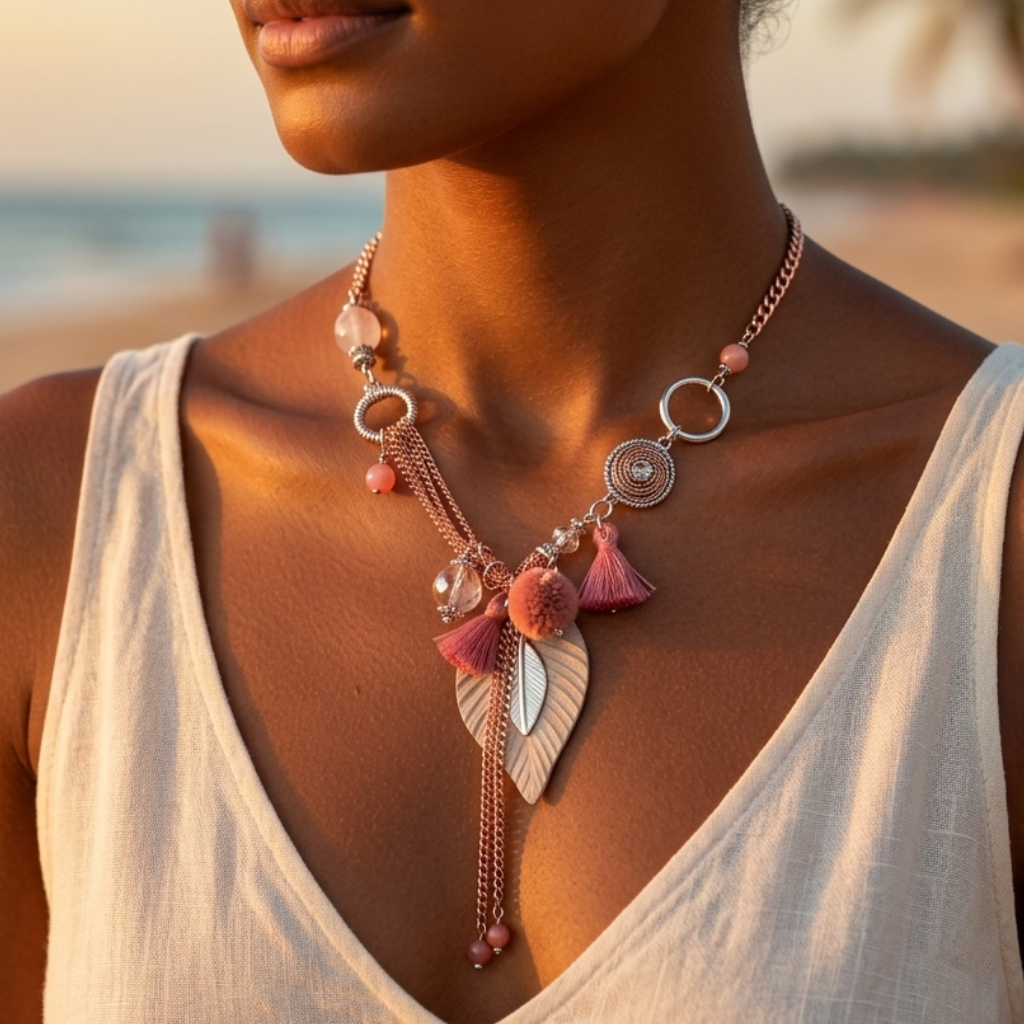 Silver-plated steel chain necklace with faceted rose cabochon stone & medallions