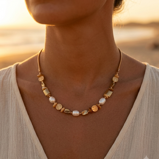 Collier doré chaîne maille serpent & pendentif arbre de vie avec perles d’eau douce